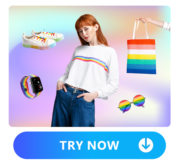 a woman wearing pride T-shirt and with pride merches such as shoes, watch, glasses and tote bag around